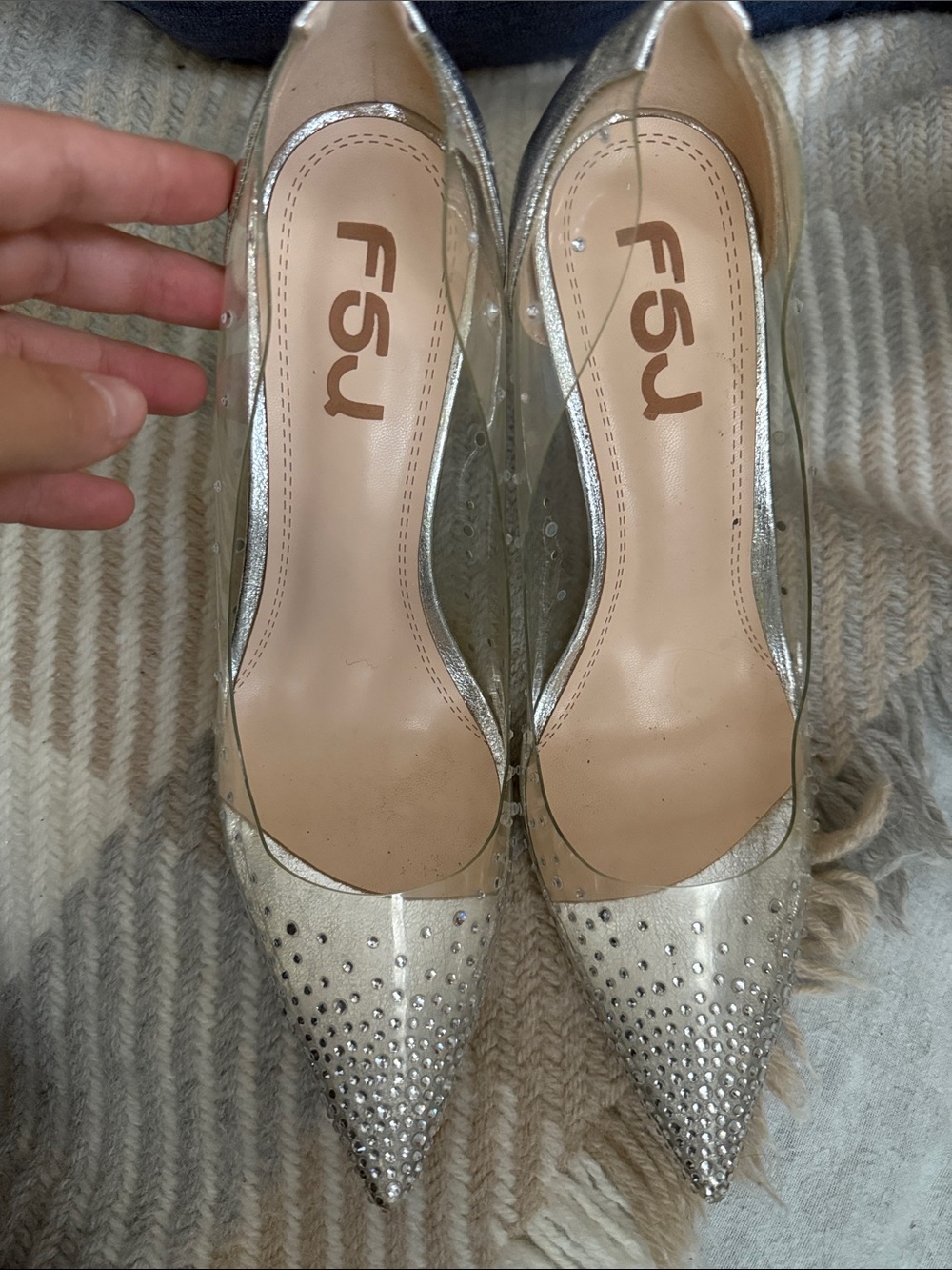 FSJ Silver Crystal-Embellished Pointed-Toe Pumps